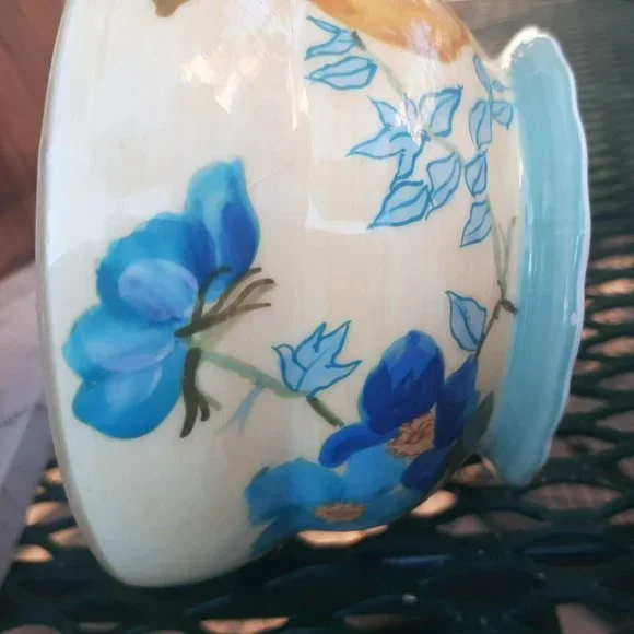 Tracy Porter Hand Painted 10oz Coffee Mug Tea Cup Yellow Blue Flowers Pear